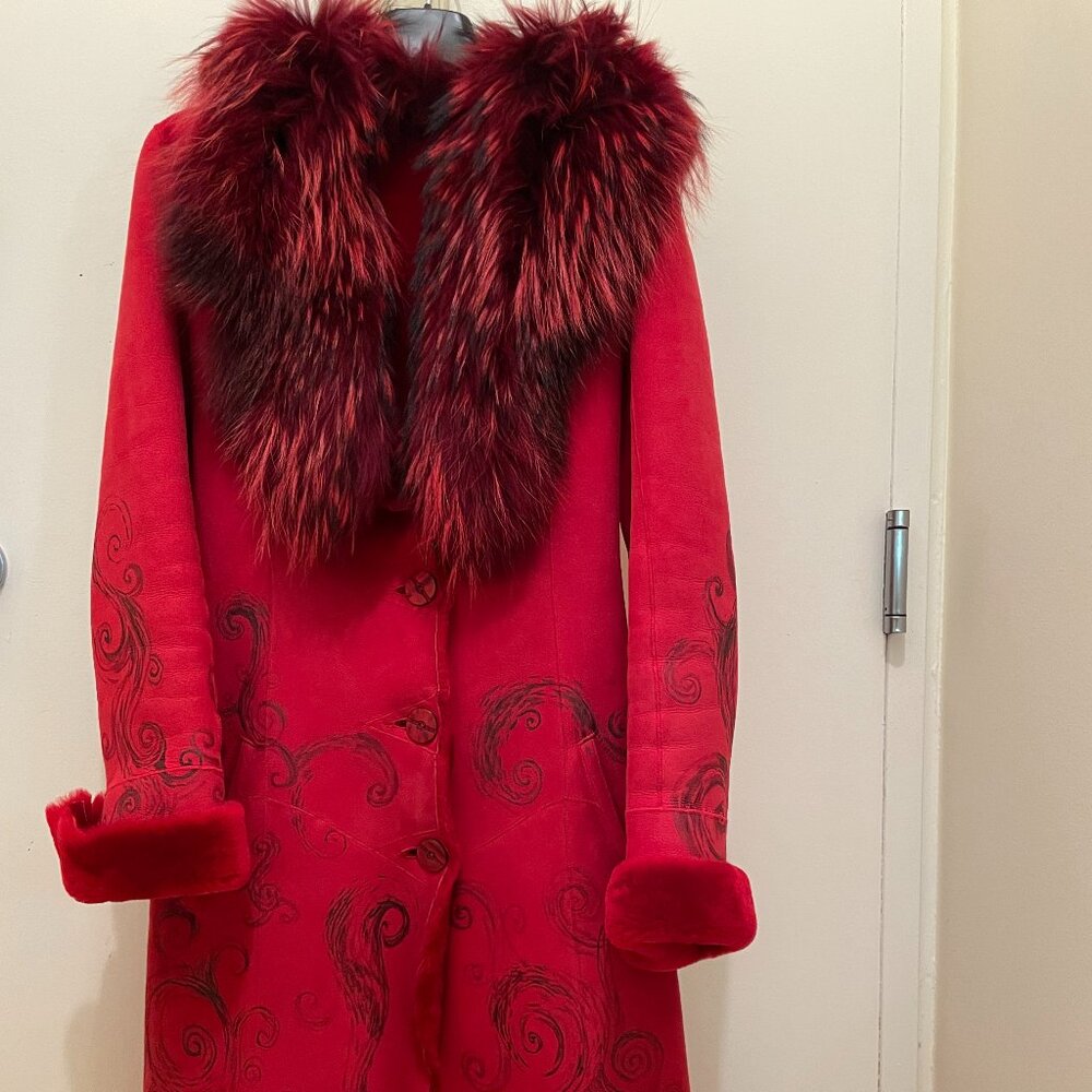 Genuine Sheepskin Fur Red Penny Lane Coat With Fox Fur Collar